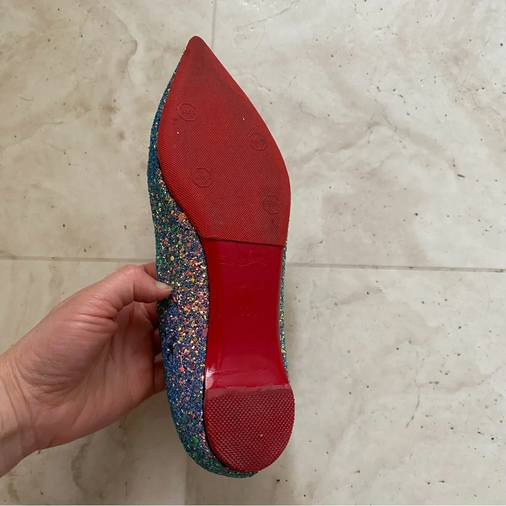 Christian Louboutin Kate Multicolor Blue Glitter Pointed Toe Ballet Flats Sz 6.5